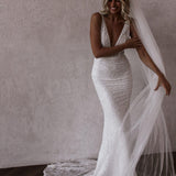 Sparkly Mermaid V Neck Sequins Lace Long Wedding Dresses