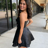 Jalise | Glitter Strapless Peacock Short Homecoming Dress with Bow