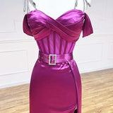 Magenta Sweetheart Belted A-Line Prom Dress with Slit