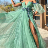 Whitley | Green Tulle 3D Floral Lace Off-the-Shoulder A-Line Long Prom Dress