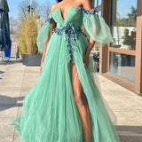 Whitley | Green Tulle 3D Floral Lace Off-the-Shoulder A-Line Long Prom Dress