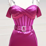 Magenta Sweetheart Belted A-Line Prom Dress with Slit