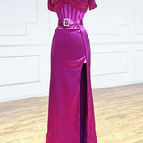 Magenta Sweetheart Belted A-Line Prom Dress with Slit