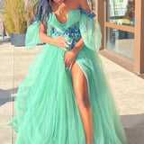 Whitley | Green Tulle 3D Floral Lace Off-the-Shoulder A-Line Long Prom Dress