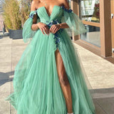 Whitley | Green Tulle 3D Floral Lace Off-the-Shoulder A-Line Long Prom Dress