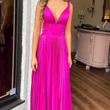 Luella | A-Line V-Neck Fuchsia Pleated Long Prom Dress