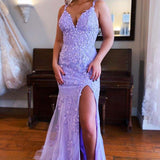 Torin | Mermaid V Neck Lavender Lace Long Prom Dresses with Appliques