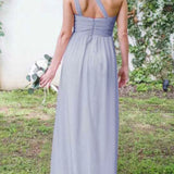 Dusty Blue One Shoulder Chiffon Long Boho Pleated Bridesmaid Dress