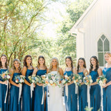 Simple Mermaid Spaghetti Straps Blue Long Bridesmaid Dresses with Bow Back