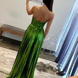 Oakley | Green Metallic Strapless Pleated A-Line Long Prom Dresses