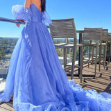 Lavender Strapless A-Line Prom Dress with Puff Sleeves