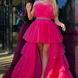 Marie| Fuchsia A-line High-Low Strapless Ruffled Tulle Prom Dress with Feathers