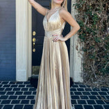 Barbara | Plunging V-Neck Gold Pleated Long Prom Dress