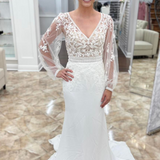 White Mermaid Deep V Neck Illusion Sleeves Appliques Long Wedding Dress