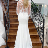 White Mermaid Deep V Neck Illusion Sleeves Appliques Long Wedding Dress