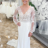 White Mermaid Deep V Neck Illusion Sleeves Appliques Long Wedding Dress