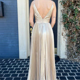 Barbara | Plunging V-Neck Gold Pleated Long Prom Dress