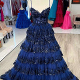 Maryam |A Line Spaghetti Straps Tiered Lace Prom Dress