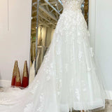 A-Line White Floral Applique Sweetheart Long Wedding Dress with Sweep Train