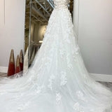 A-Line White Floral Applique Sweetheart Long Wedding Dress with Sweep Train