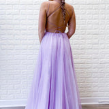 A Line Purple Backless Tulle Long Prom Dress