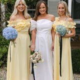 Yellow Off the Shoulder Ruffle Satin Ankle Length Bridesmaid Dresses