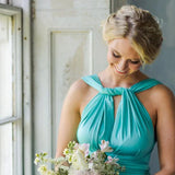 A Line Halter Neck Jersey Bridesmaid Dress With Half Sleeves And Straps Back