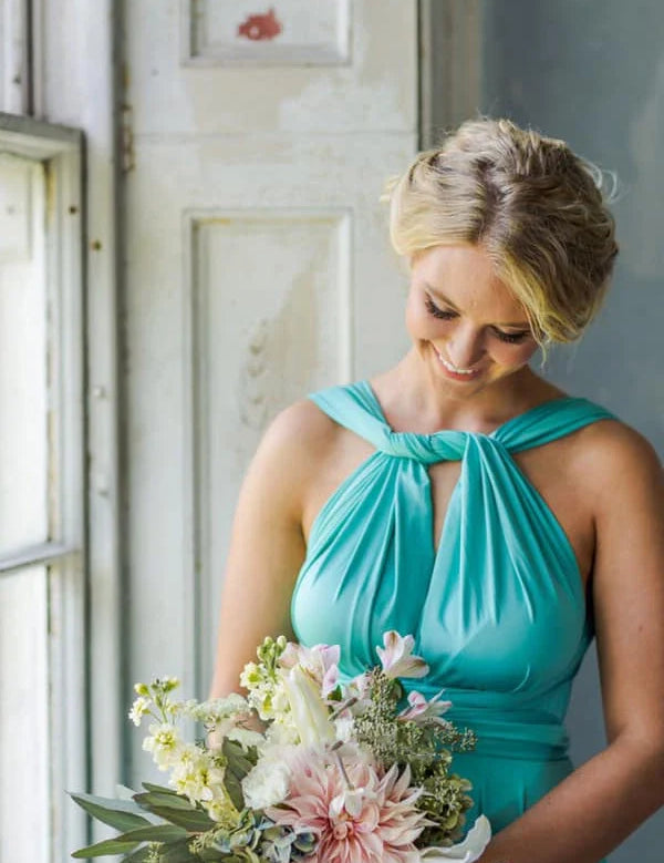 A Line Halter Neck Jersey Bridesmaid Dress With Half Sleeves And Straps Back