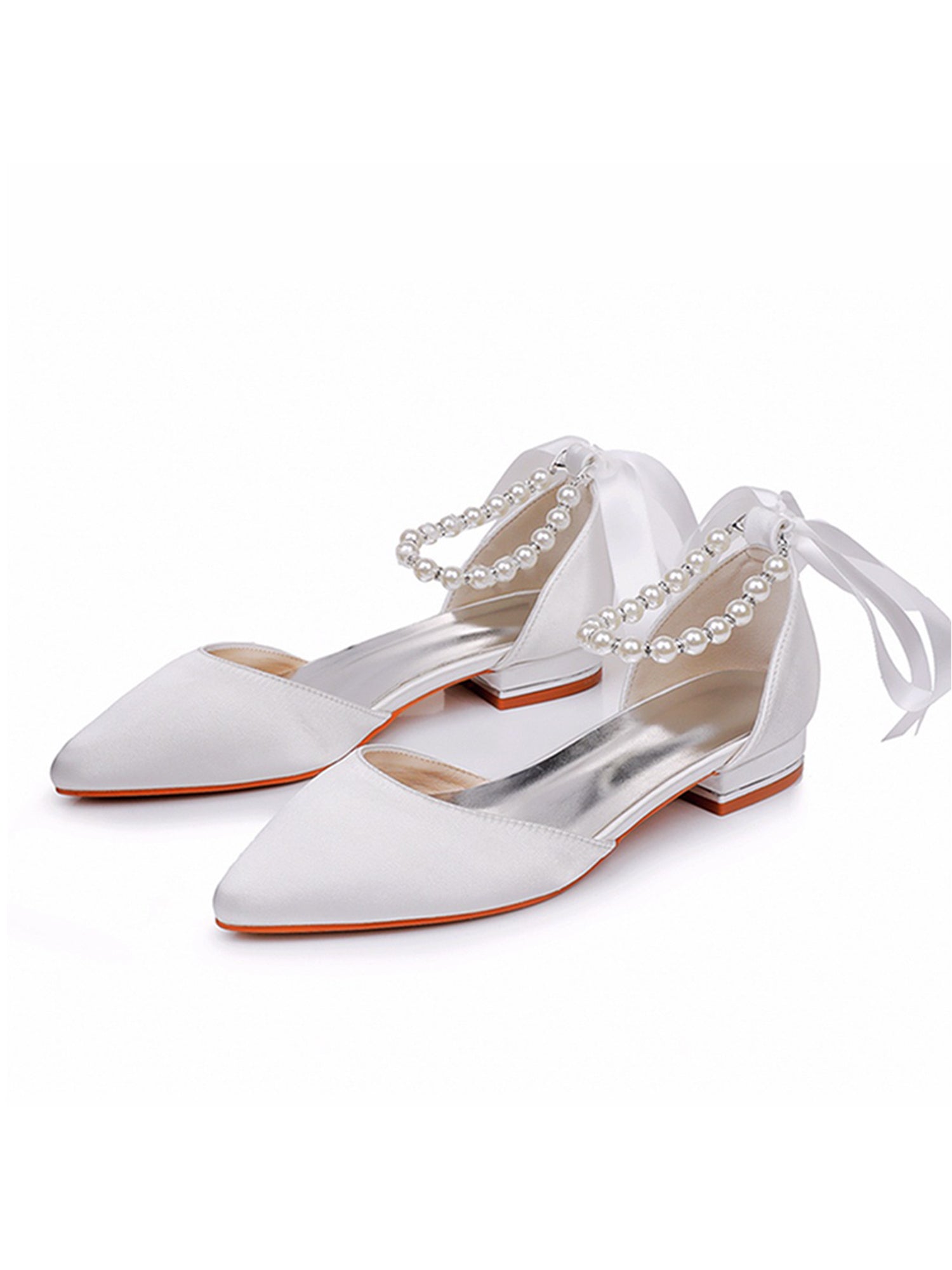 Satin Beaded Ribbon Low Heels Bridal Shoes