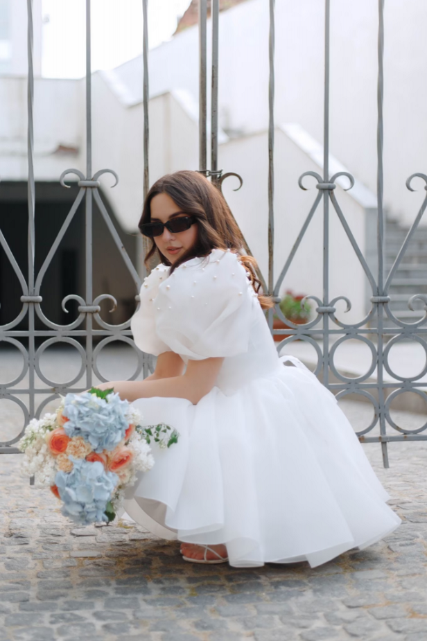 A-Line Square-Neck Short Wedding Dress With Puffy Pearls Sleeves