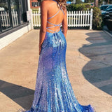 Annie | Blue Sequin Feather Lace-Up Back Mermaid Long Prom Dress with Slit