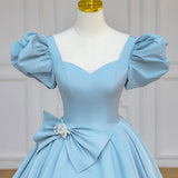 Quinceanera Dress Blue Satin Puff Sleeves Long Prom Gown Blue Long Sweet Dress