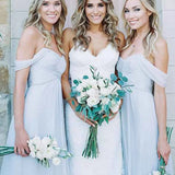 Light Blue A-Line Off the Shoulder Long Chiffon Boho Bridesmaid Dress