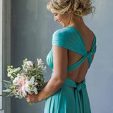 A Line Halter Neck Jersey Bridesmaid Dress With Half Sleeves And Straps Back