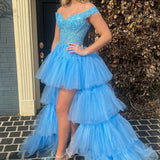 Bette | Blue High Low Homecoming Prom Dress with Lace