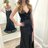 Black V Neck Satin Mermaid Long Prom Dresses with Slit