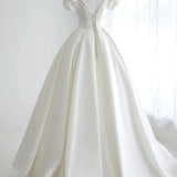 Elegant A Line V Neck White Wedding Dress with Short Sleeves