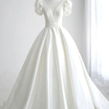 Elegant A Line V Neck White Wedding Dress with Short Sleeves