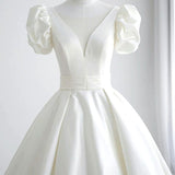 Elegant A Line V Neck White Wedding Dress with Short Sleeves