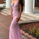 Luisa | Elegant Mermaid V-Neck Pink Lace Prom Dress