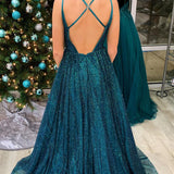 Glitter A-Line Teal Long Prom Dress with Spaghetti Straps