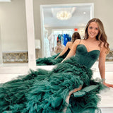 Dark Green Sweetheart Ruffle Tiered Tulle Long Prom Dresses with Slit