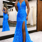 Raddix | Mermaid Deep V Neck Blue Sequins Lace Long Prom Dresses with Slit