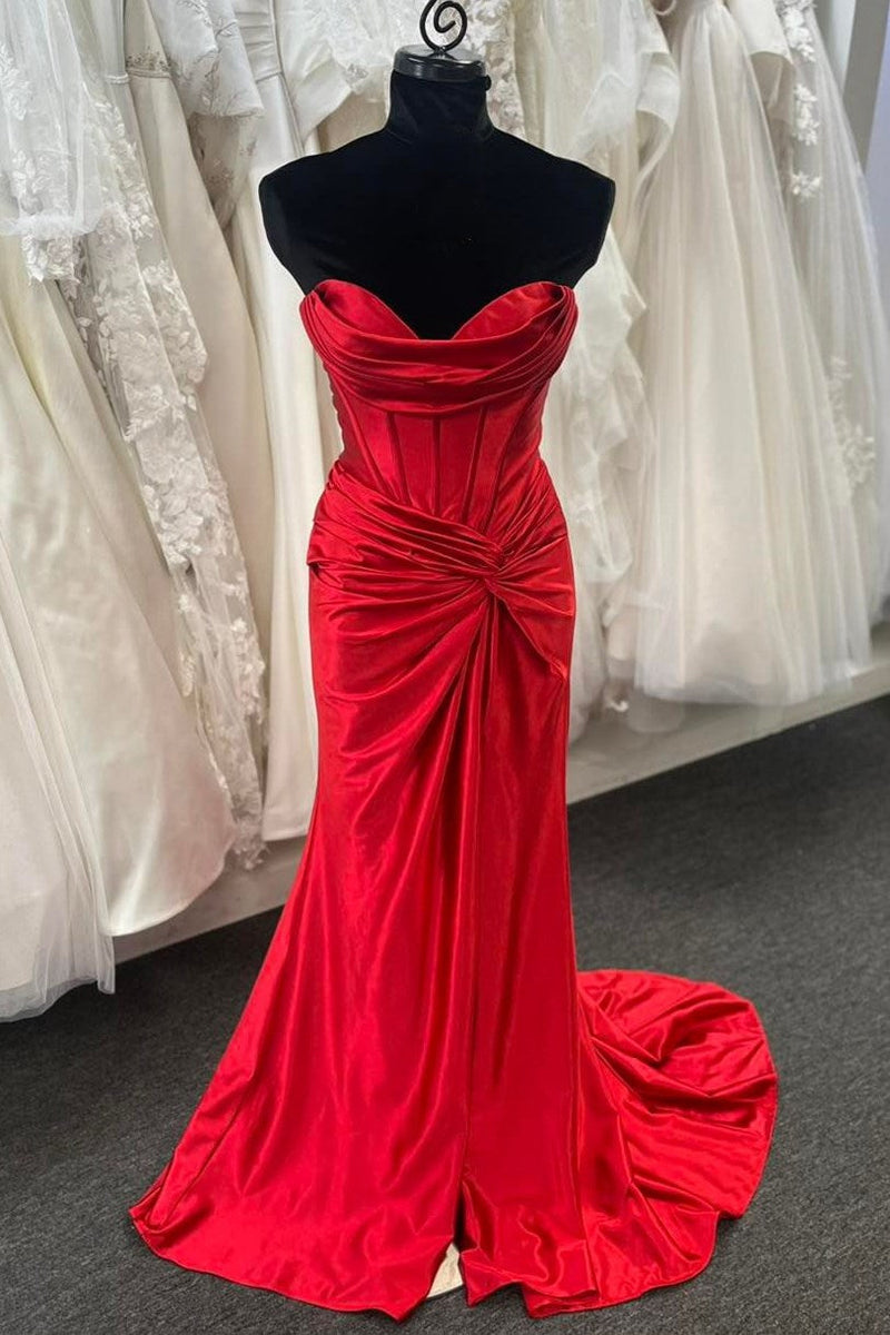 Mermaid Strapless Satin Long Prom Dress With Slit