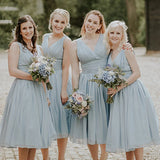 Dusty Blue A-Line Mid-Calf Ruched Chiffon Bridesmaid Dress