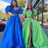 Makai | Green Two-Piece Puff Sleeves Satin Long Prom Dress With Split