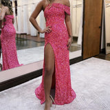 Glitter Mermaid One Shoulder Pink Long Prom Dress With Slit