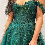 Elliana | Glitter Emerald Appliques Off-the-Shoulder A-Line Long Prom Dress