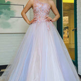 Ombre Tulle Floral Lace One-Shoulder A-Line Long Prom Dress