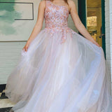 Ombre Tulle Floral Lace One-Shoulder A-Line Long Prom Dress